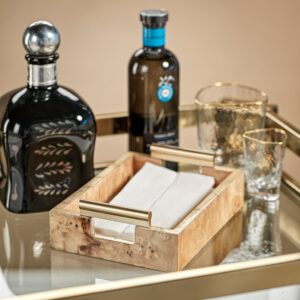 Burlwood Napkin Tray with Gold Handles